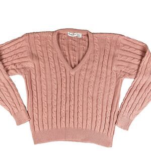 Carriage Court V-Neck Cable Knit Pullover Sweater Women's M Pastel Pink Vintage